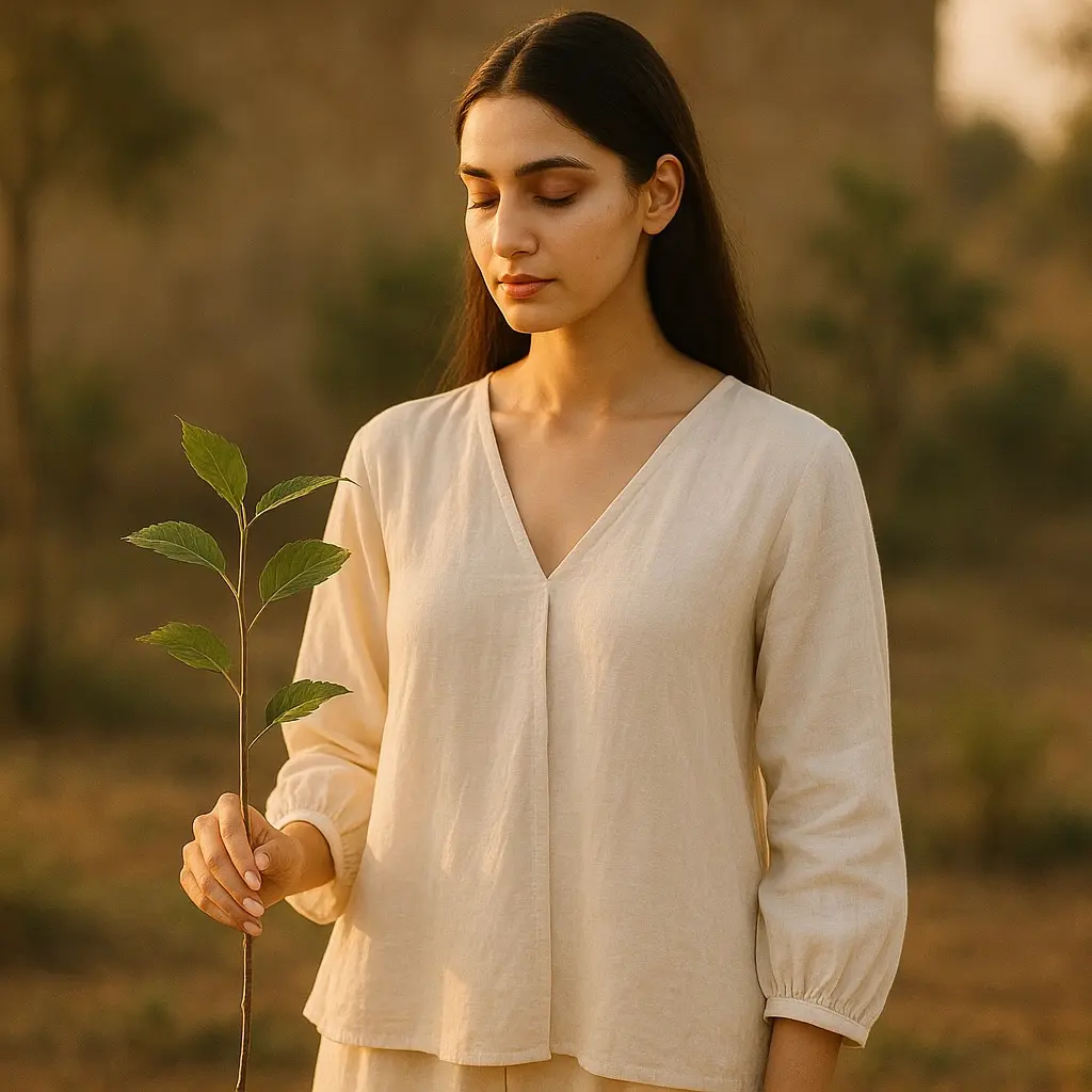 Woman in cream linen holding a young sapling