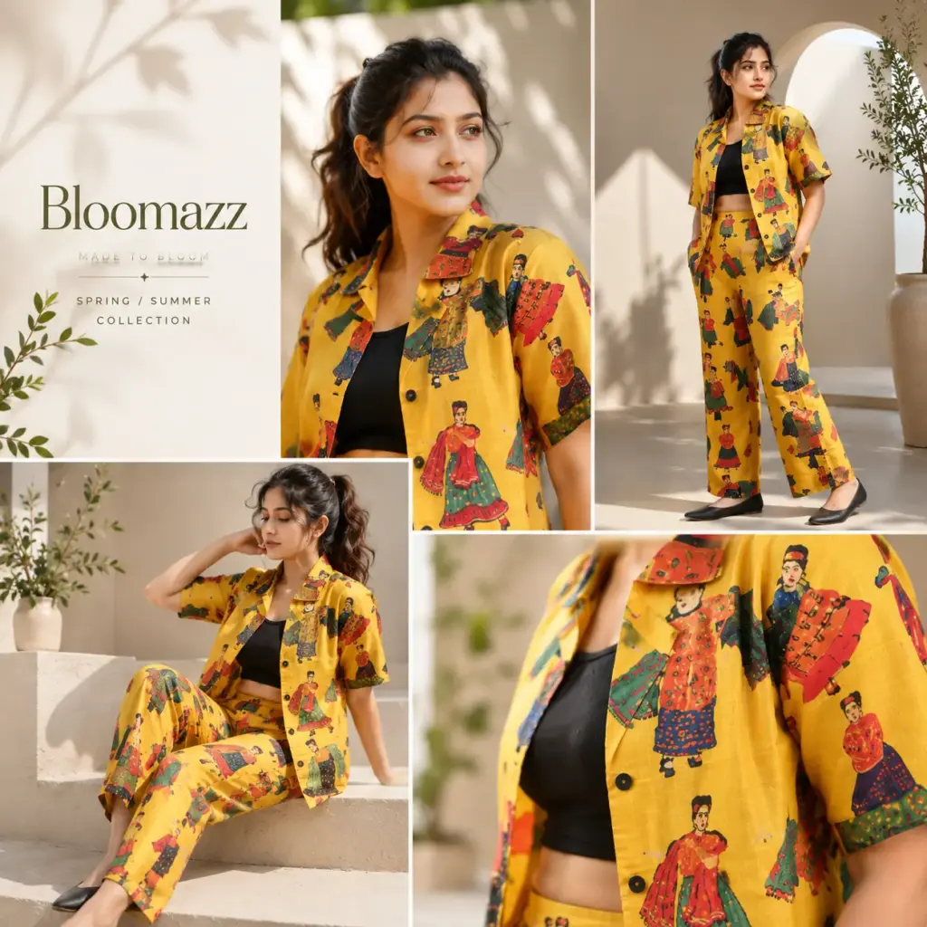 Women's Co-Ord sets - yellow folk dancer print shirt and pants set | Bloomazz