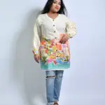 Cream balloon sleeve kurti, front view - Bloomazz