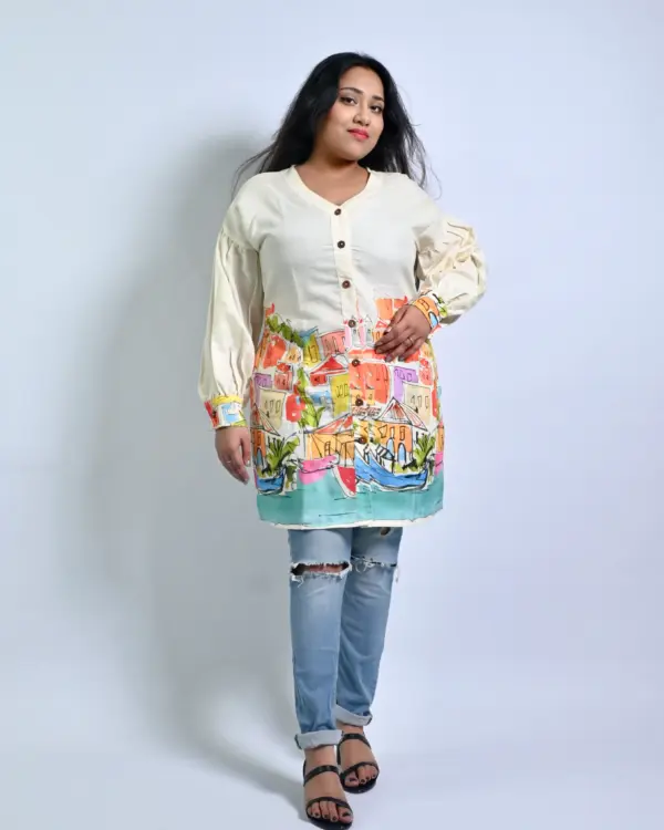 Cream balloon sleeve kurti, front view - Bloomazz