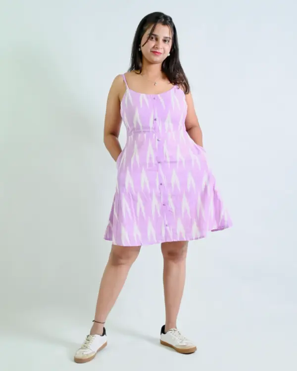 Lavender ikat print A-line dress, front view - Bloomazz