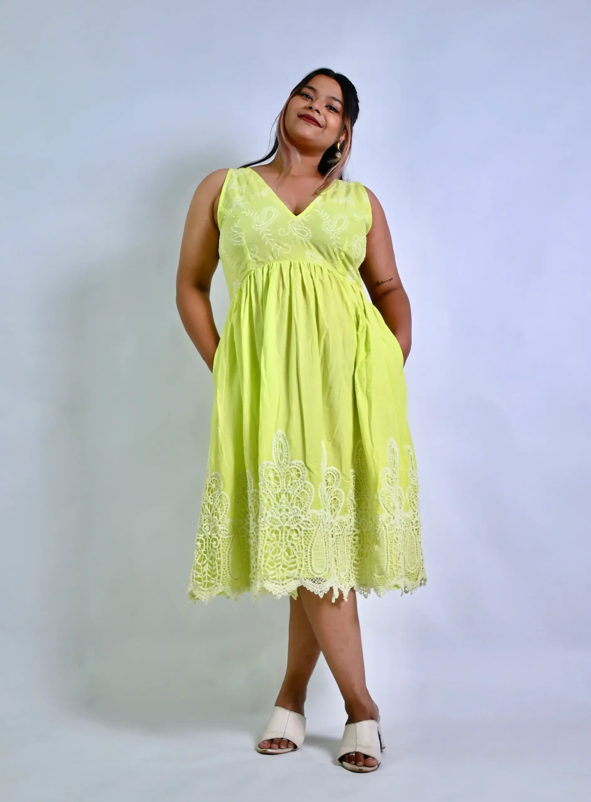 How to style a lime green dress - Lime Green Embroidered Empire Waist Dress by Bloomazz