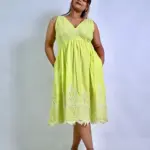 Lime green embroidered empire waist dress, front view - Bloomazz