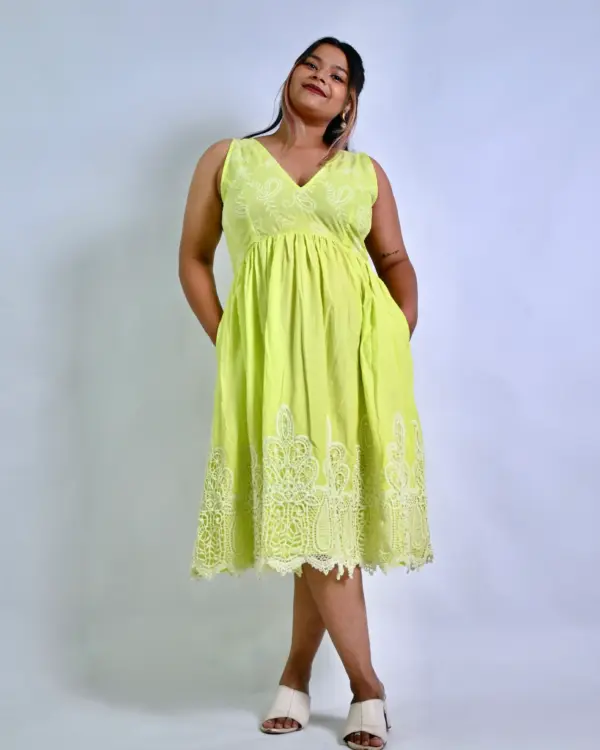 Lime green embroidered empire waist dress, front view - Bloomazz