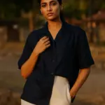 Navy blue oversized camp collar cotton shirt, relaxed fit - Bloomazz