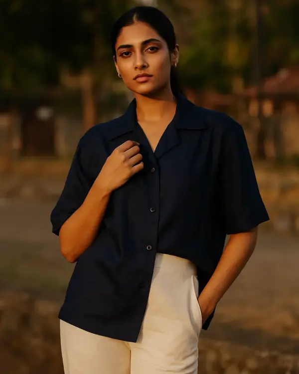 Navy blue oversized camp collar cotton shirt, relaxed fit - Bloomazz