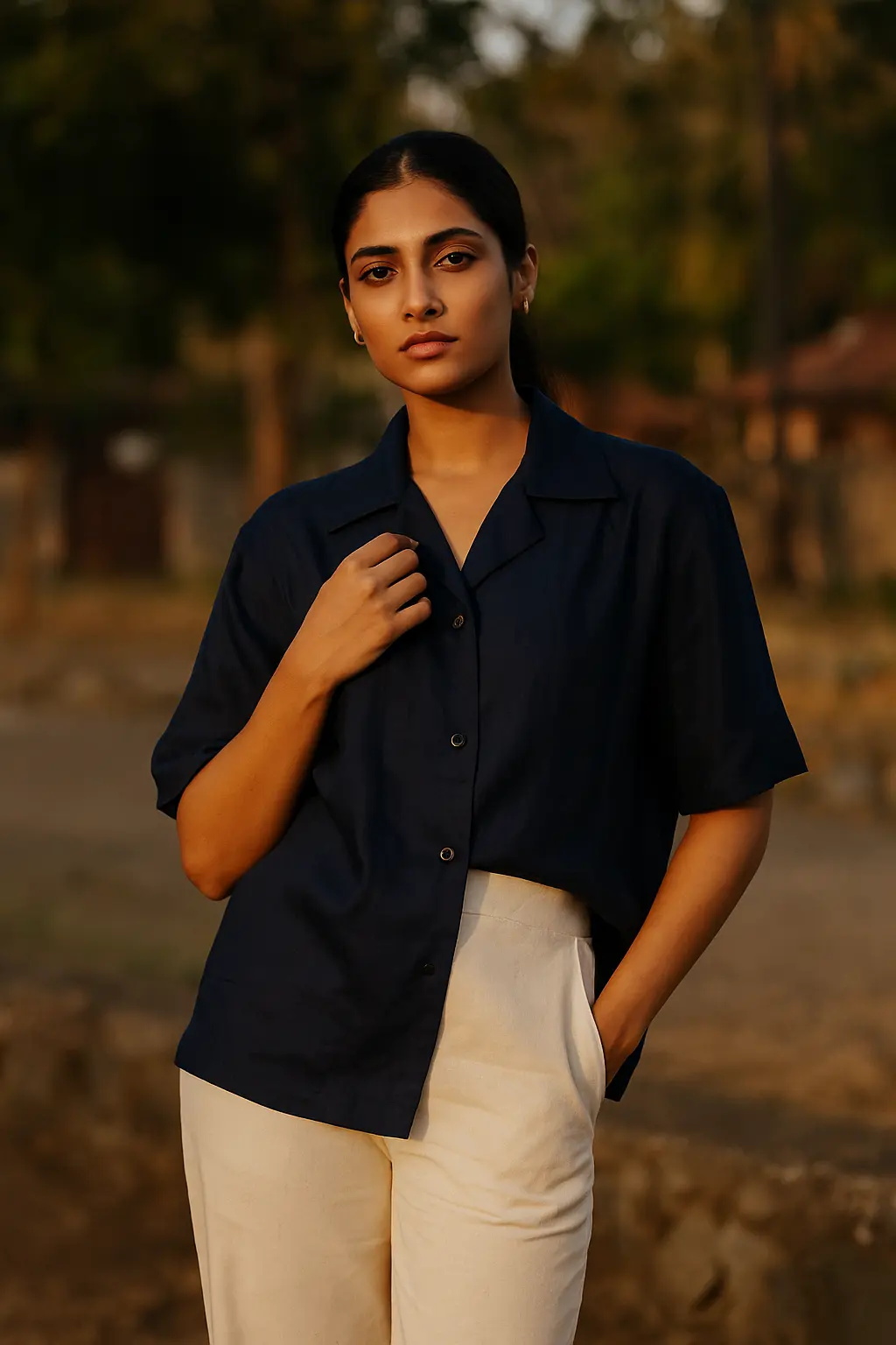 Navy blue oversized camp collar cotton shirt, relaxed fit - Bloomazz