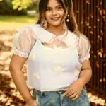 White butterfly applique organza top with Peter Pan collar and puff sleeves - Bloomazz