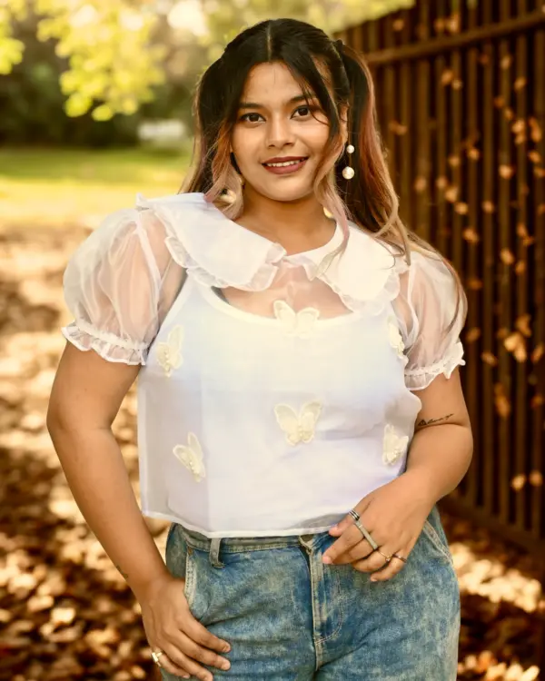 White butterfly applique organza top with Peter Pan collar and puff sleeves - Bloomazz