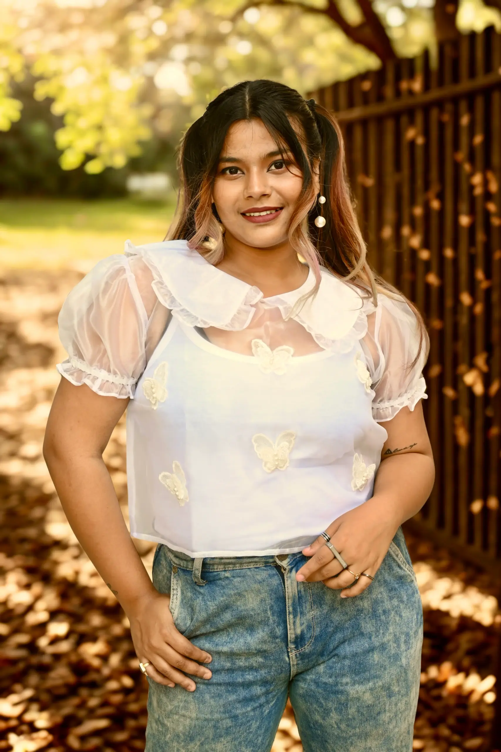 White butterfly applique organza top with Peter Pan collar and puff sleeves - Bloomazz