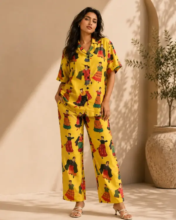 Yellow folk dancer print co-ord set , front view - Bloomazz